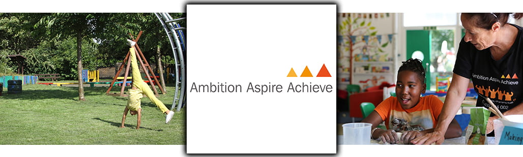 Ambition Aspire Achieve logo centred alongside image of girl playing in a park and boy being mentored