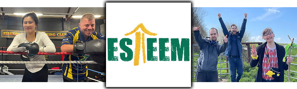 A montage of images of people from Esteem with the Esteem logo in the middle