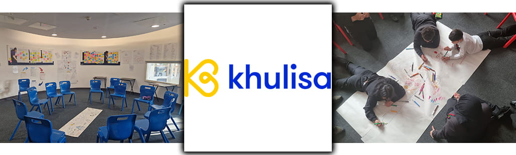 Khulisa logo centred between image of meeting area and second image of children working on an art project