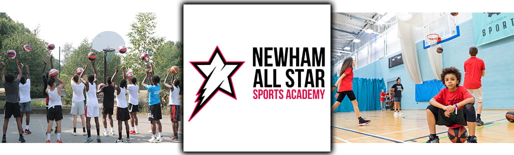 Newham All Star Sports Academy logo centred between two pictures of academy students playing basketball