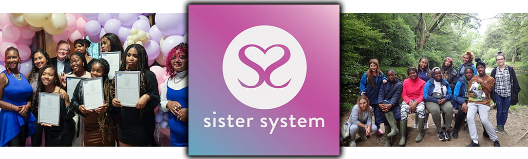 Sister System logo centred between image of young women receiving a certificate and image of group in a woodland environment