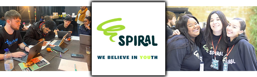 Spiral Skills logo centred between group of young people working on a project and second picture of three young women smiling for the camera