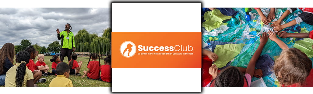 Success Club logo centred between image of mentor with students and second picture of students working on an art project