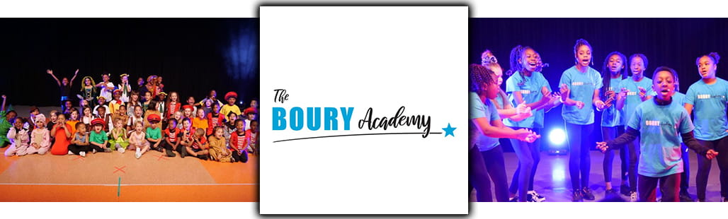 The Boury Academy logo centred between two photos of Boury students on stage performing