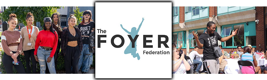 A montage of images of people from The Foyer Federation with the Logo in the middle