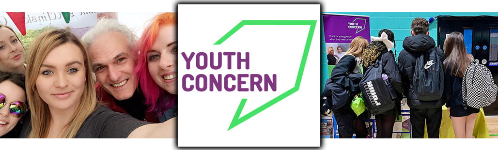 An image montage of people from Youth Concern with the Youth Concerned Logo in the middle