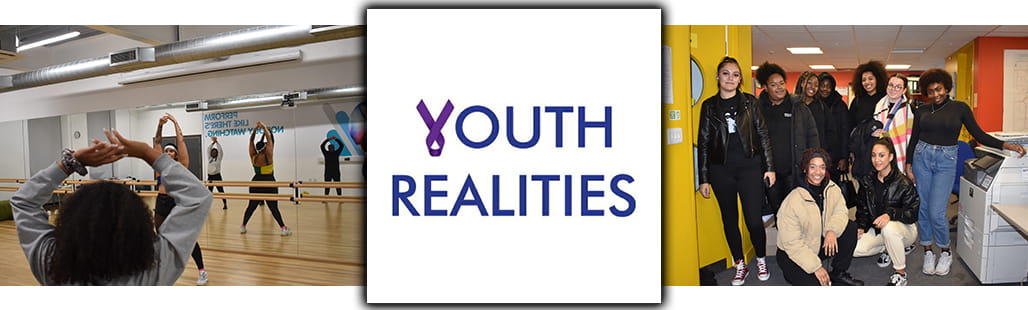 Youth Realities logo centred between photo of yoga teacher giving a lesson and second group of ten young people smiling for the camera